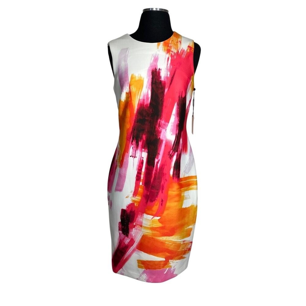 Calvin Klein Abstract Watercolor Sheath Dress Scuba Career Colorful Cocktail 6